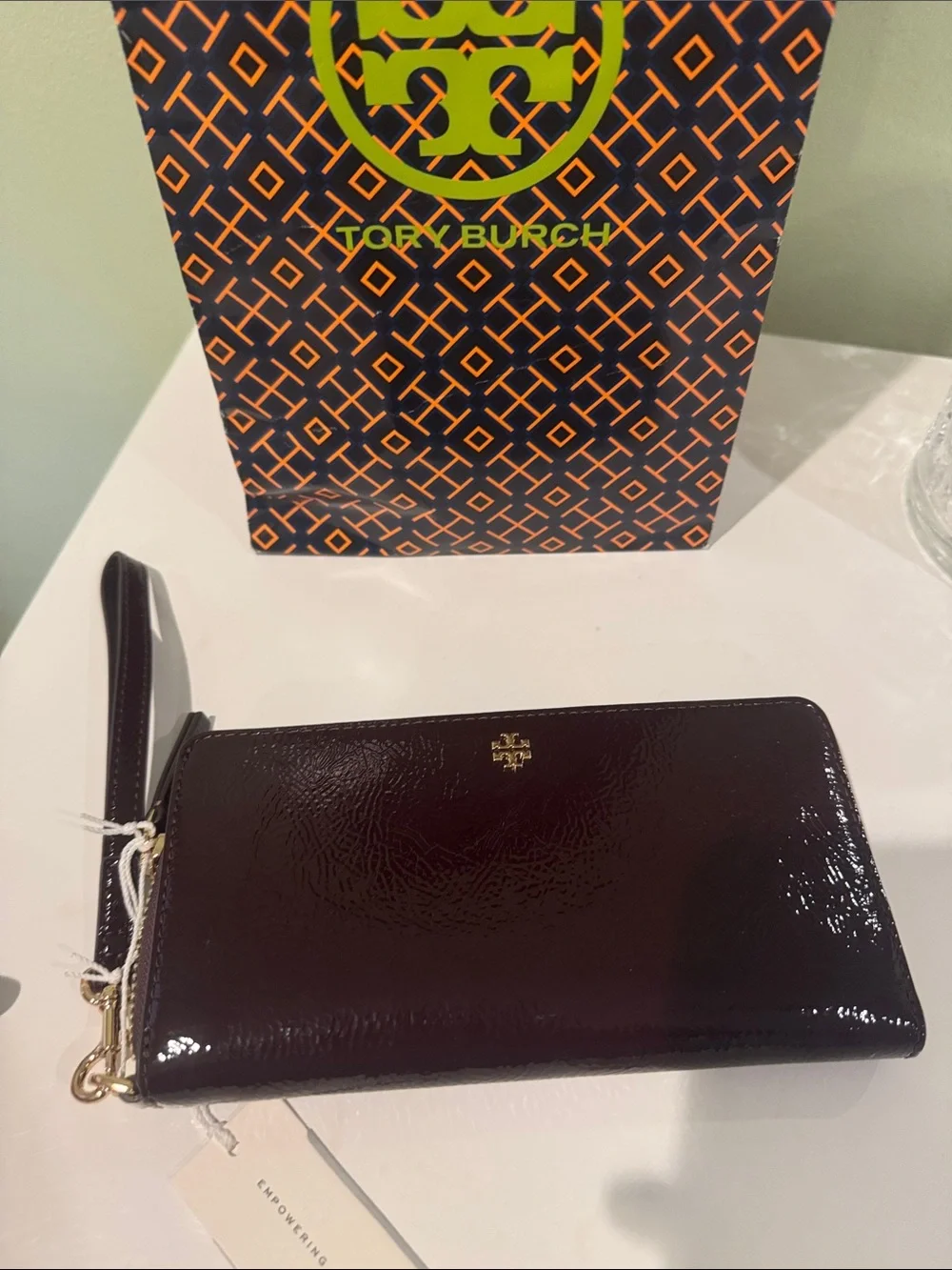 Tory Burch Patent Leather Phone Wristlet - Deep Burgundy with Gold Logo